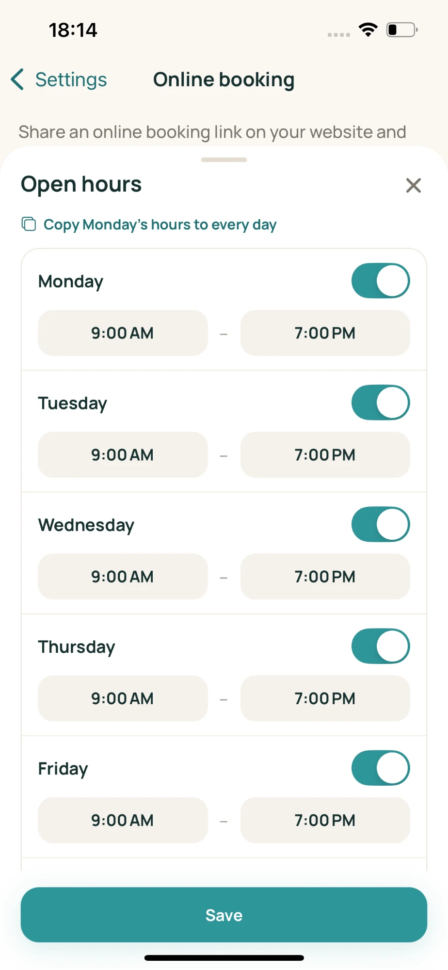 The Open hours screen, with a switch and start/end times for each day of the week